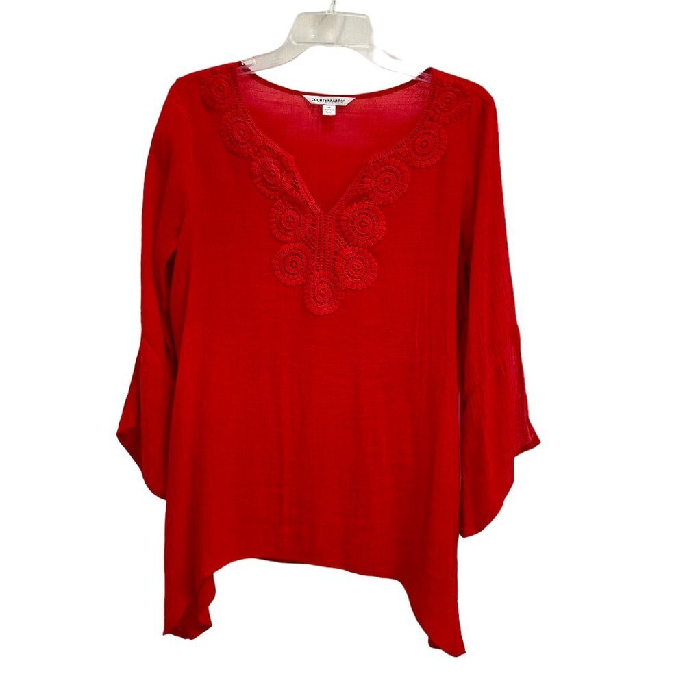 Counterparts Women Red Handkerchief Blouse Top 3/4 Sleeve Knit Lace Details Sz M